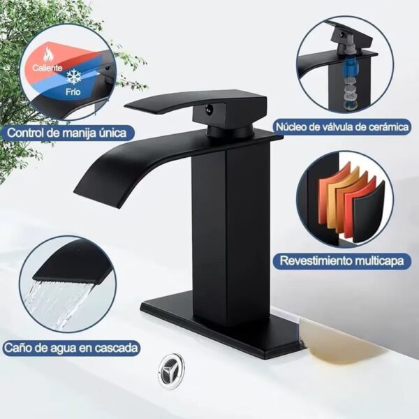 Grifo Mezclador de Agua Fría y Caliente con placa cubre orificios Negro